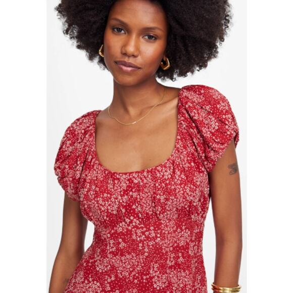 Madewell Ruched‎ Scoopneck Puff Sleeve Mini Dress in Floral Red Size 4 - Picture 3 of 13
